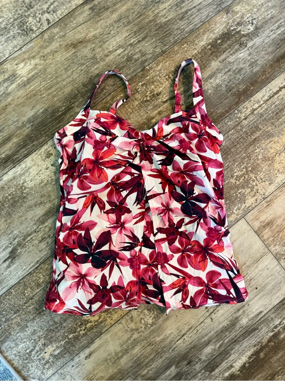 2 for $30 sale: Lands End red pink white floral orchid tankini swim top cups -